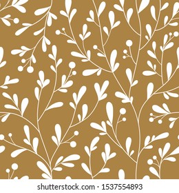 Floral Gold Seamless Pattern with Leaves and Berries for Wallpaper, Greeting Card, Gift Box, Textile Printing. Vector Christmas Background.