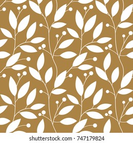 Floral Gold Seamless Pattern with Leaves for Wallpaper, Greeting Card, Gift Box, Textile Printing. Vector Christmas Background.