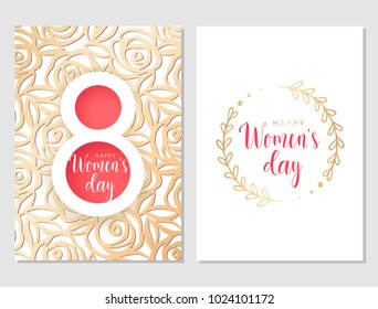 Floral gold set of greeting cards for 8 March. International Women's day. Pattern with roses. Paper cut gold design and red 8. Gold floral branch and pink text.Vector illustration. 8 March collection.