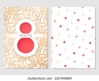 Floral gold set of greeting cards for 8 March. International Women's day. Pattern with roses. Paper cut gold design and red 8. Gold floral branch and pink text.Vector illustration. 8 March collection.