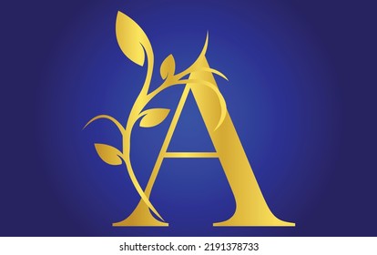 Floral golden alphabet, letters A with watercolor flowers and leaf. Monogram initials perfectly for wedding invitation, birthday, greeting card, logo, poster and other.