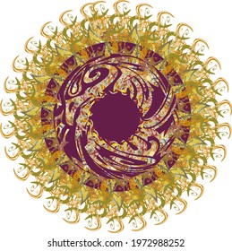 Floral golden and colored circle splashes with an eagle element inside. Beautiful object with floral and eagle motifs in golden violet-orange tones for holidays and events, prints, textiles, etc.