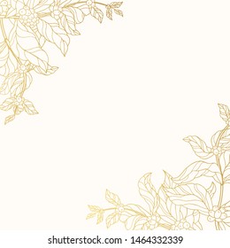 Floral golden corner frame with coffee branches, leaves and beans. Cocoa plant background for cafe menu, shop or house. Vector isolated illustration.