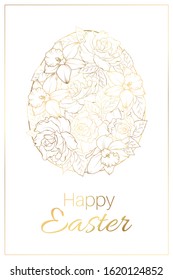 Floral golden easter egg white background.