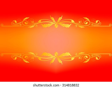 floral golden frame banner with gold crown laurel wreath on ornate red background. Luxury floral background in vintage style