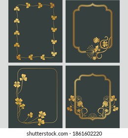 Floral Golden Frame Vector Set, clásico, ornamental, tradicional, oriental, boutique, elemento, motivo, viñeta, curva, arabesco, marroquí, oval, otomano, textura, ilustración, abstracto, gradiente