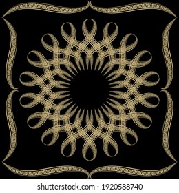 Patrón de mandala dorada floral con marco figurado. Fondo ornamental vectorial. Fondo decorativo. Ornamentos griegos. Resumen flor redonda con líneas, clave griega, meandros, formas, curvas, bordes.