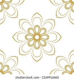 Floral golden and white vector ornament. Seamless abstract classic background with flowers. Pattern with repeating floral elements. Ornament for wallpaper and packaging