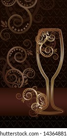 Floral golden Wine glass invitation card, vector illustration