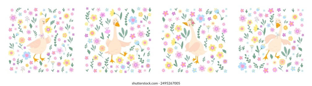 Floral goose print. Adorable geese in botanical patterns. Spring summer season printable design with tiny flowers and branches. Nowaday vector background