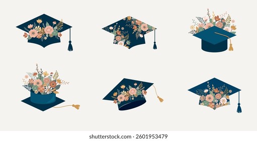 Floral Graduation Caps. Vector Illustrations Set.