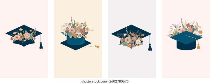 Floral Graduation Caps. Vector Illustrations Set.