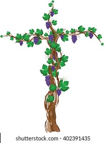 Floral grapevine cross, grape clusters on a vine tree in a shape of a cross. Christian religious graphic element with copy space for text.