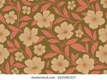 Floral graphic, contemporary vintage pattern on dark background. Seamless pattern for decorating fashion design, fabric, wallpaper and all kinds of prints.