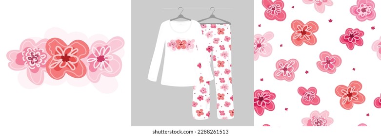 Floral graphic design doodles on white background. Seamless pattern for children, girls, women. Women's, designer pajamas. Vector illustration. Typography of clothes, shirts, t-shirts. Hand-drawn.