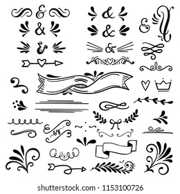   Floral and graphic  design elements with ampersands.Vector set of text dividers for lettering.Doodles border,arrow and decorative hearts.