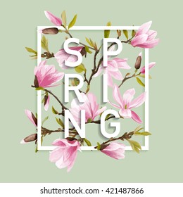Floral Graphic Design. Magnolia Background. Fashion Print. T-shirt. Vector. Summer Element. Spring Flowers Blooms. 