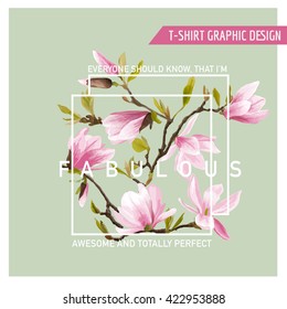 Floral Graphic Design. Magnolia Background. Fashion Print. Vector. Flower Border. Summer Element. Spring Blooms. 