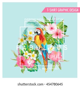 Floral Graphic Design - Tropical Flowers and Bird - for t-shirt, fashion, prints - in vector