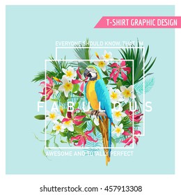 Floral Graphic Design - Tropical Flowers and Parrot Bird - for t-shirt, fashion, prints - in vector