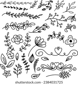 Floral graphic elements big vector set. Flowers and plants hand drawn illustrations. Set of sketches and line doodles hand drawn design floral elements. Vector illustration