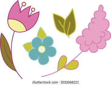 Floral graphic elements vector set. Flowers and plants hand drawn multi-colored isolated objects on white background