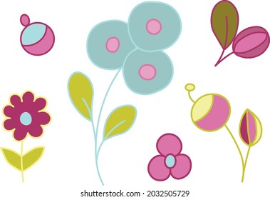 Floral graphic elements vector set. Flowers and plants hand drawn multi-colored isolated objects on white background
