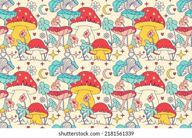 Floral graphic with groovy mushrooms. Seamless pattern, retro 60s, 70s hippie style spiritual background. Vintage meadow, wonderland. Sacred Textile, fabric, wrapping, wallpaper, background.