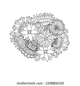 Floral graphic monochrome element for coloring book, antistress page, hand drawn design element stock vector illustration for web, for print, for fabric print