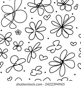 Floral graphic scribble design. Seamless pattern. Abstract minimal flower. Beautiful floral background. Vector art illustration for textile, wallpaper. Hand-drawn with a black brush. Handwriting.
