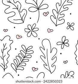 Floral graphic scribble design. Seamless pattern. Abstract minimal flower. Beautiful floral background. Vector art illustration for textile, wallpaper. Hand-drawn with a black brush. Handwriting.