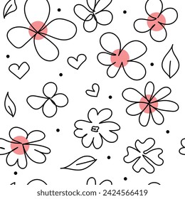 Floral graphic scribble design. Seamless pattern. Set. Abstract minimal flower. Beautiful floral background. Vector art illustration for textile, wallpaper. Hand-drawn with a black brush. Handwriting.