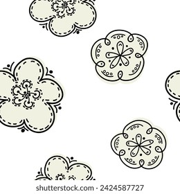 Blumengrafisches Kritzel-Design. Nahtloses Muster. Abstrakte minimale Blume. Schöner Blumenhintergrund. Vektor-Kunst-Illustration für Textil, Tapete. Handgezeichnet mit einem schwarzen Pinsel. Handschrift.