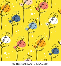 Floral graphic scribble design. Seamless pattern. Abstract minimal flower. Beautiful floral background. Vector art illustration for textile, wallpaper. Hand-drawn with a black brush. Handwriting.