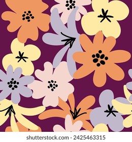 Floral graphic scribble design. Seamless pattern. Abstract minimal flower. Beautiful floral background. Vector art illustration for textile, wallpaper. Hand-drawn with a black brush. Handwriting.