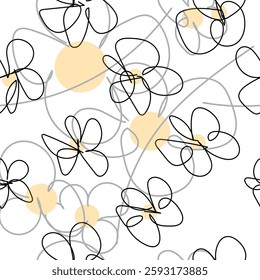 Floral graphic scribble design. Seamless pattern. Set. Abstract minimal flower. Beautiful floral background. Vector art illustration for textile, wallpaper. 