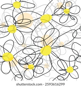 Floral graphic scribble design. Seamless pattern. Set. Abstract minimal flower. Beautiful floral background. Vector art illustration for textile, wallpaper. 