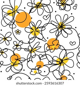 Floral graphic scribble design. Seamless pattern. Set. Abstract minimal flower. Beautiful floral background. Vector art illustration for textile, wallpaper. 