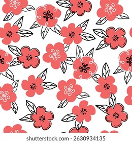 Floral graphic scribble design. Seamless pattern. Set. Abstract minimal flower. Beautiful floral background. Vector art illustration for textile, wallpaper. 