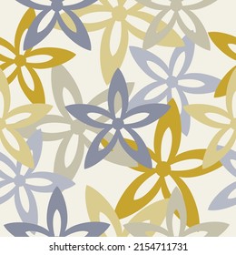 Floral graphic seamless pattern. Beige, yellow, blue flat flower icon vector ornament wallpaper. Abstract holiday backdrop. Template for print, design, banner or card.