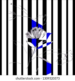 Floral graphic seamless pattern on a striped background. Black stripes, gray contours of flowers, blue spots. Vector illustration isolated on white background.