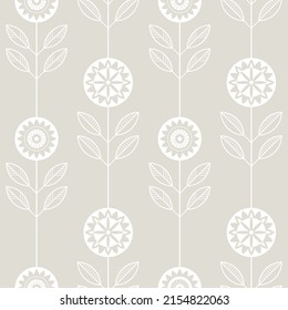 Patrón sin fisuras de gráficos florales. Flores blancas y hojas de contorno vector sobre fondo beige. Papel tapiz de adorno étnico. Fondo geométrico simétrico. Plantilla para impresión, diseño, banner o tarjeta.