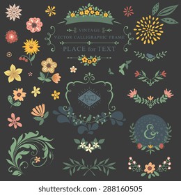 Floral graphic set with swirls, laurels, wreaths, branches, flowers, butterflies, bird and ampersands.