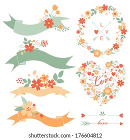 Floral graphic set with wreath, flowers, arrows, heart, ribbon and labels. 