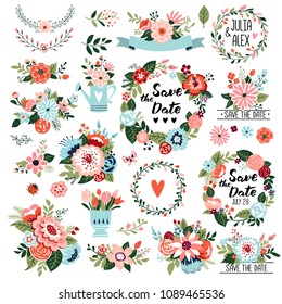 Floral graphic set, wreaths, ornate motives, branches, Save the Date and Wedding collection with typographic design elements. Hand drawn style, vector illustration