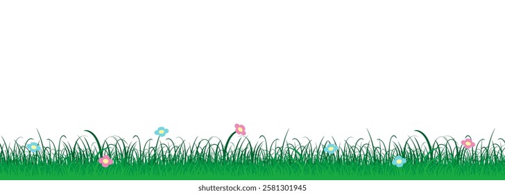 Floral and grass border featuring vibrant meadow flowers and lush greenery. A perfect decorative element for cards and designs. Vector illustration.