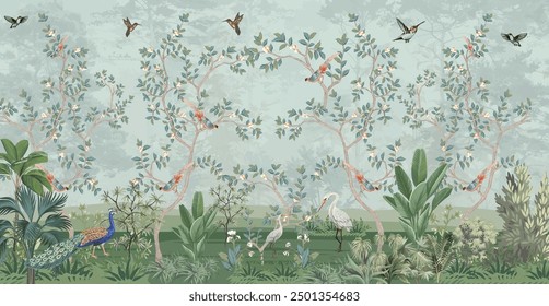 Floral Grass  Wallpaper, Tropical Plam Tree wallpaper, watercolor background, Birds, Peacock.