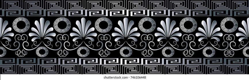 Floral grecian seamless border pattern. Black vector geometric background. Modern 3d wallpaper. Hand drawn white 3d flowers, swirl leaves, shapes, figures, circles, lines, meander, greek key ornaments