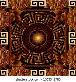Floral greek 3d seamless pattern. Vector meander background. Ornamental panel. Ancient mandala. Vintage 3d flowers, leaves, swirls. Abstract shapes. Meander greek key ornament. Modern wallpaper design