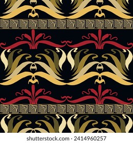 Bordes florales griegos sin fisuras. Fondo ornamental vintage. Flores vectoriales de estilo antiguo. Repetir los adornos de grecia coloridos. Decorativo diseño ornamentado con llave griega, meandros, borde.
